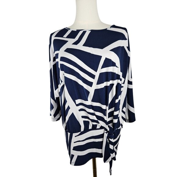 Clara Sunwoo Top XL Navy & White Abstract Print Tie Waist Artsy Faux Wrap - Picture 1 of 7
